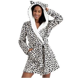 NWT JENNI Hooded Faux Sherpa Fur Wrap Leopard Animal Print Robe Women’s Sz XS/S